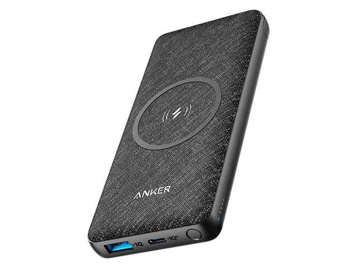 Anker PowerCore with fabric finish, wireless charging symbol, and USB ports.