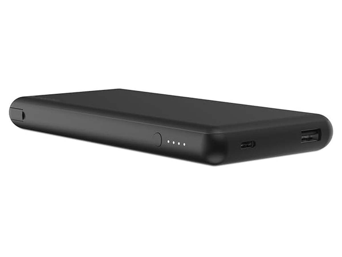 Slim black Mophie Powerstation XL 12000mAh power bank with USB-A and USB-C ports and LED battery indicators.