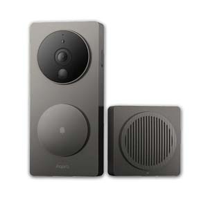 Aqara Video Doorbell G4 with matching chime unit, both in sleek dark gray, shown on a white background.