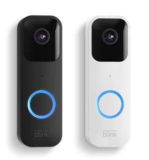 Black and white Blink video doorbells with blue ring buttons displayed side by side on a white background.