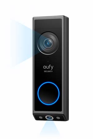 Eufy Video Doorbell E340 Dual Cam in black with blue ring button and dual camera lenses, shown on a white background.