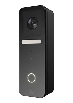 Logitech Circle View Doorbell in black with a glowing ring button and camera lens, shown on a white background.
