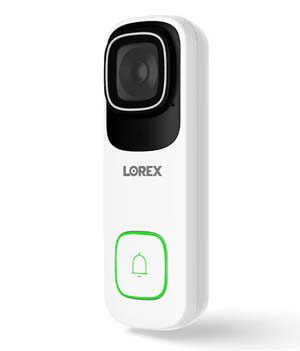Lorex 4K Wired Doorbell in white with black camera module and green-lit button, displayed on a white background.
