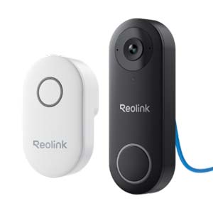 Reolink wired video doorbell set with black doorbell and white chime unit, shown on a white background.
