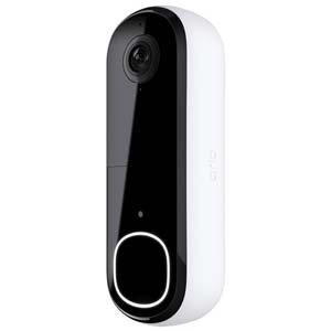 Arlo Video Doorbell 2K in black and white design with glowing ring button, shown on a white background.