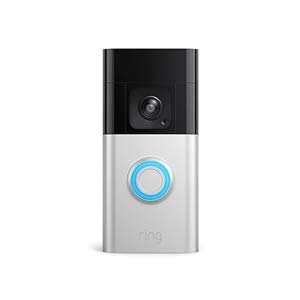 Ring Battery Doorbell Pro in silver and black with a blue-lit button, displayed on a white background.