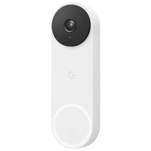 Google Nest Doorbell Gen 2 in white with black camera module and glowing ring button on a white background.